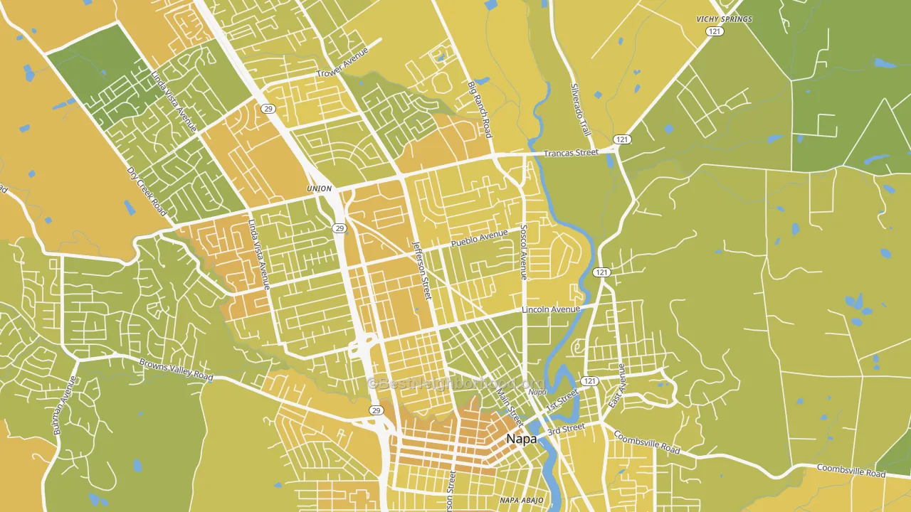 Map of the best neighborhoods in the Beard, Napa area, with better matches in green and worse matches in red
