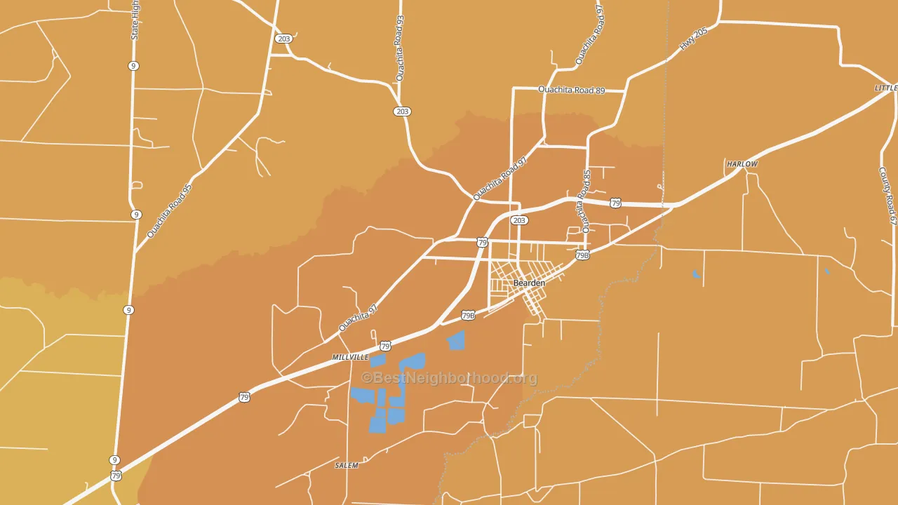 Map of the best neighborhoods in the Bearden area, with better matches in green and worse matches in red