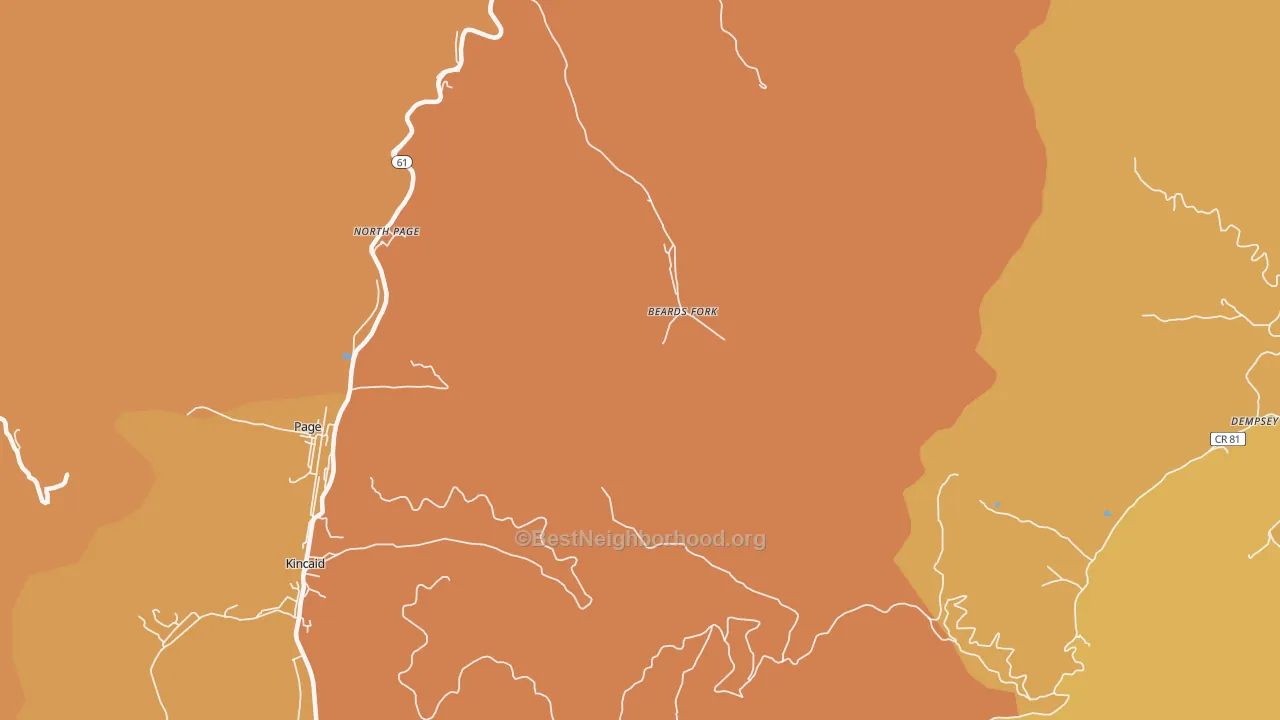 Map of the best neighborhoods in the Beards Fork area, with better matches in green and worse matches in red