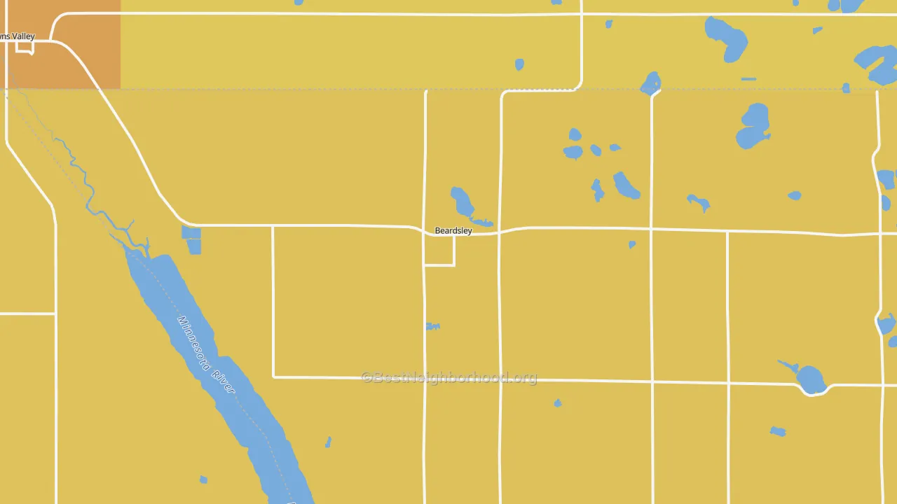 Map of the best neighborhoods in the Beardsley area, with better matches in green and worse matches in red