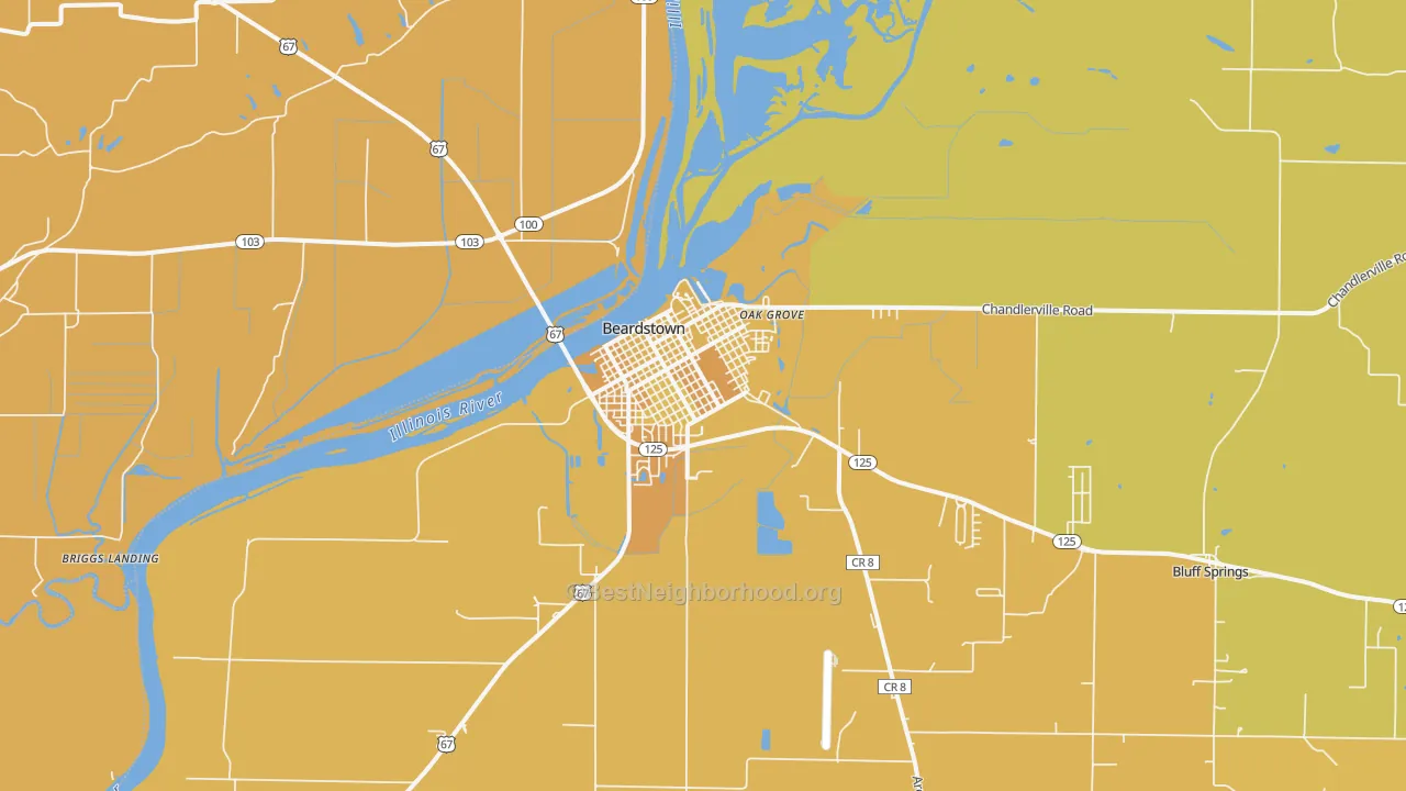 Map of the best neighborhoods in the Beardstown area, with better matches in green and worse matches in red
