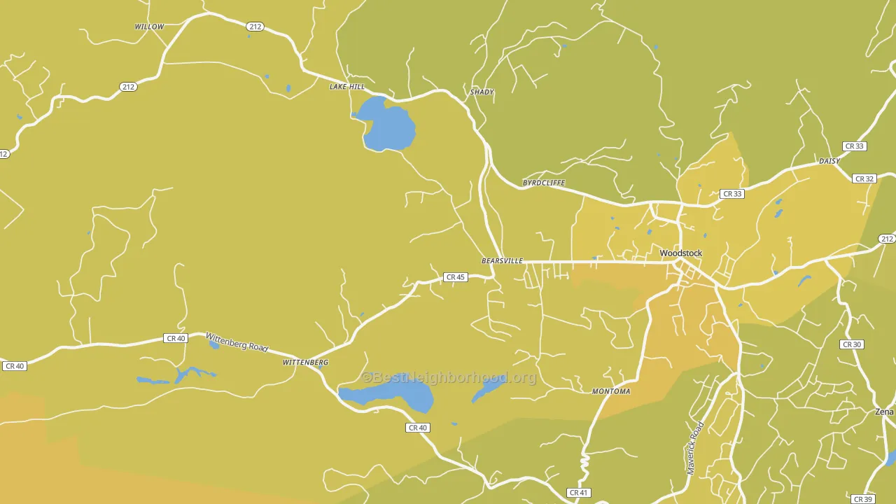Map of the best neighborhoods in the Bearsville area, with better matches in green and worse matches in red