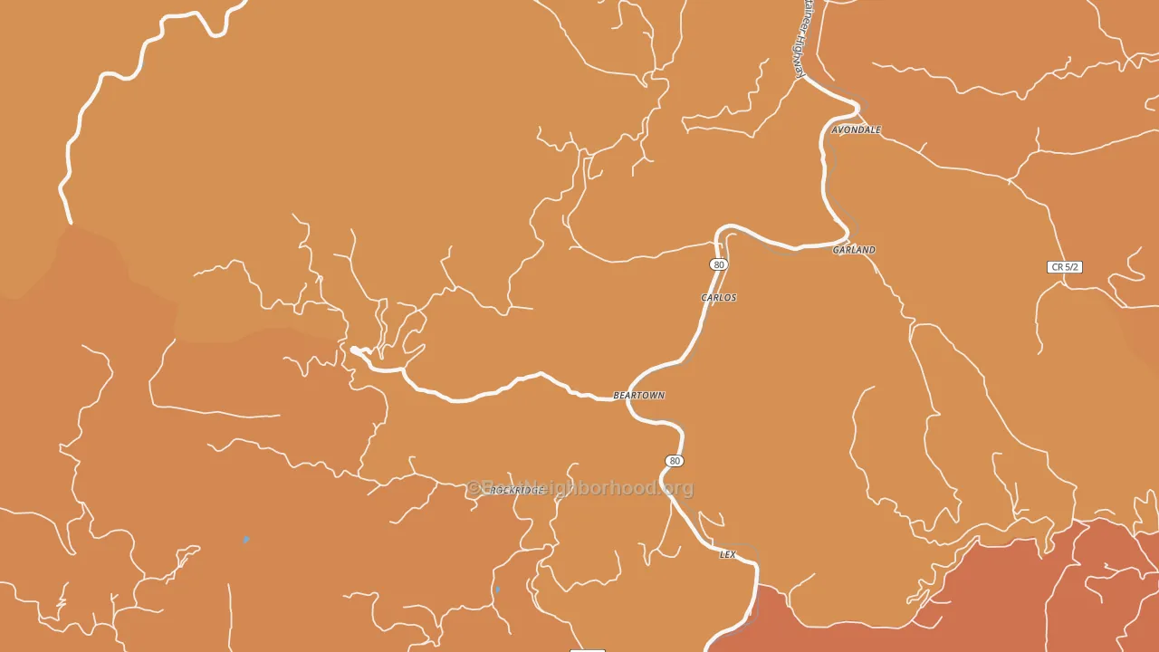Map of the best neighborhoods in the Beartown area, with better matches in green and worse matches in red