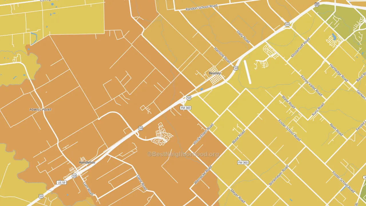Map of the best neighborhoods in the Beasley area, with better matches in green and worse matches in red