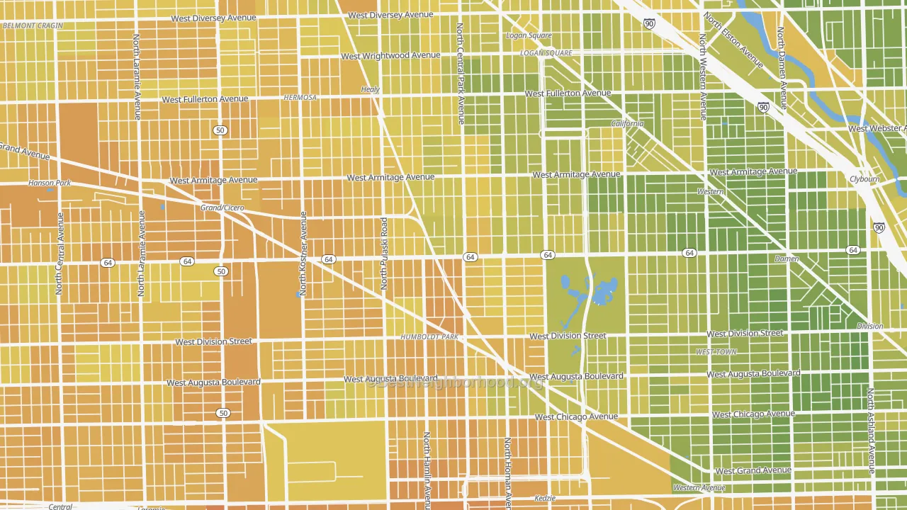 Map of the best neighborhoods in the Beat 2535, Chicago area, with better matches in green and worse matches in red