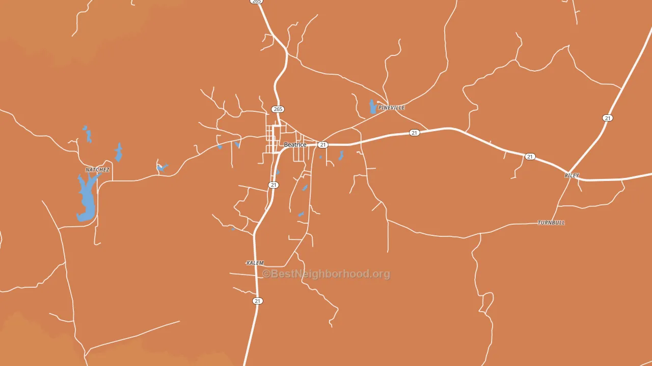 Map of the best neighborhoods in the Beatrice area, with better matches in green and worse matches in red