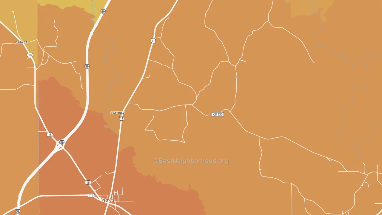 Map of the best neighborhoods in the Beatrice area, with better matches in green and worse matches in red