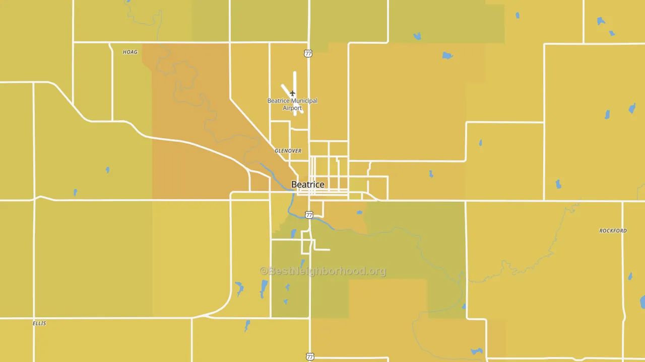 Map of the best neighborhoods in the Beatrice area, with better matches in green and worse matches in red