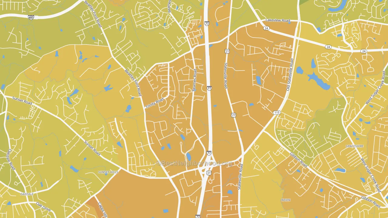 Map of the best neighborhoods in the Beatties Ford-Trinity, Charlotte area, with better matches in green and worse matches in red