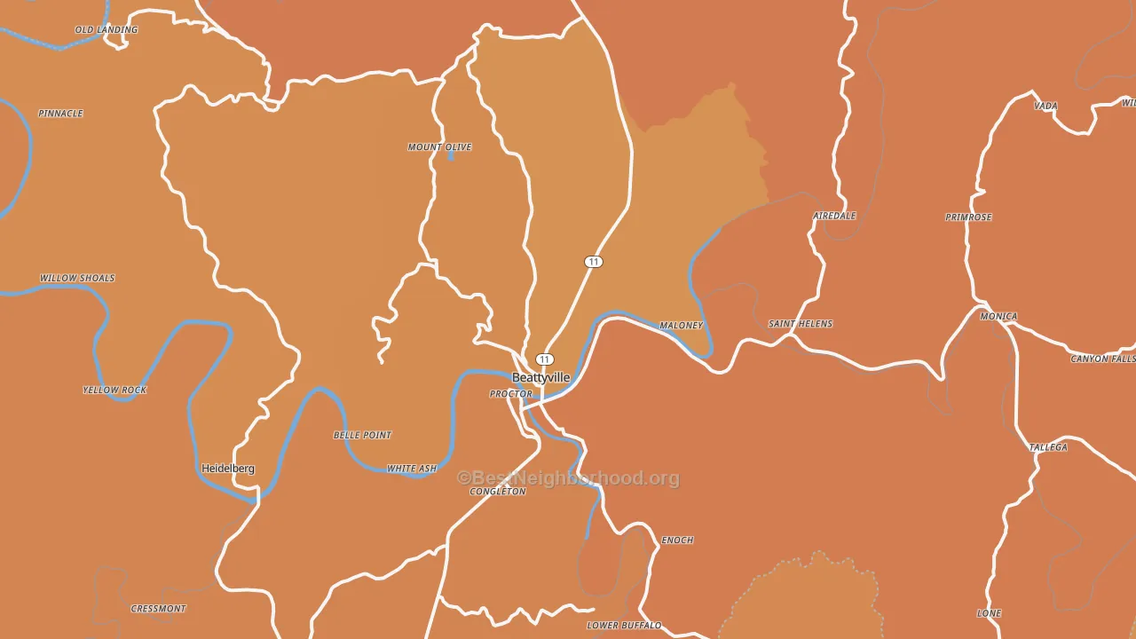 Map of the best neighborhoods in the Beattyville area, with better matches in green and worse matches in red