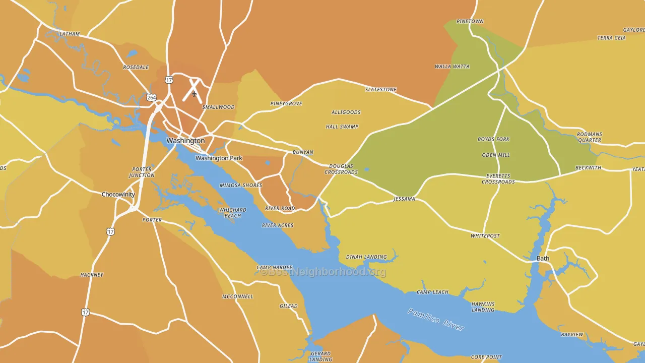 Map of the best neighborhoods in the Beaufort County area, with better matches in green and worse matches in red