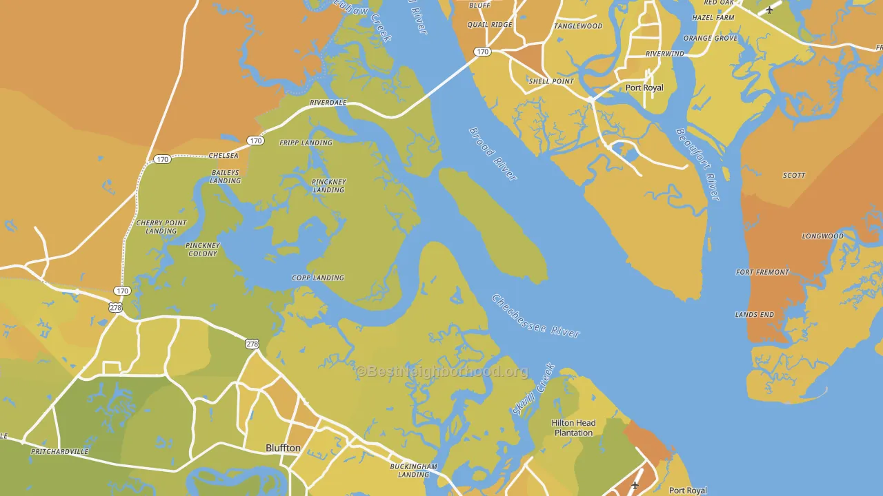 Map of the best neighborhoods in the Beaufort County area, with better matches in green and worse matches in red