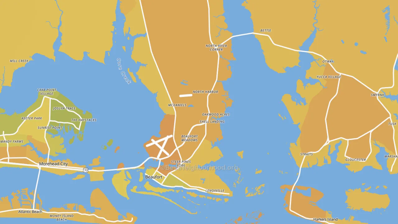 Map of the best neighborhoods in the Beaufort area, with better matches in green and worse matches in red