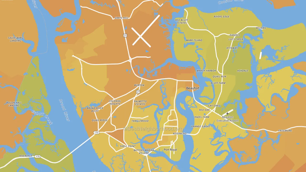 Map of the best neighborhoods in the Beaufort area, with better matches in green and worse matches in red