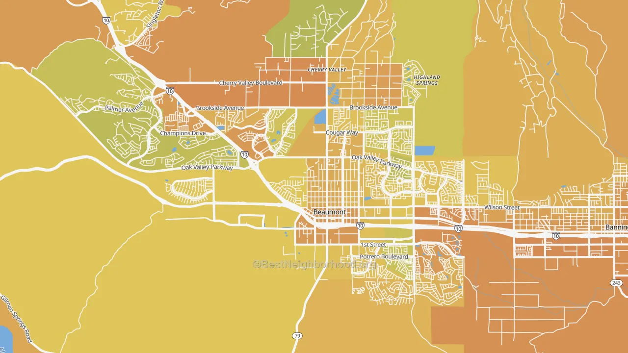 Map of the best neighborhoods in the Beaumont area, with better matches in green and worse matches in red