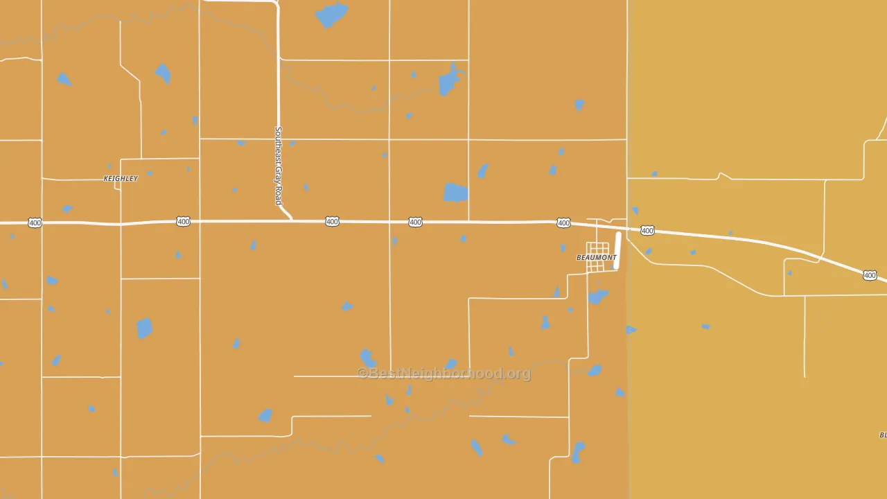 Map of the best neighborhoods in the Beaumont area, with better matches in green and worse matches in red