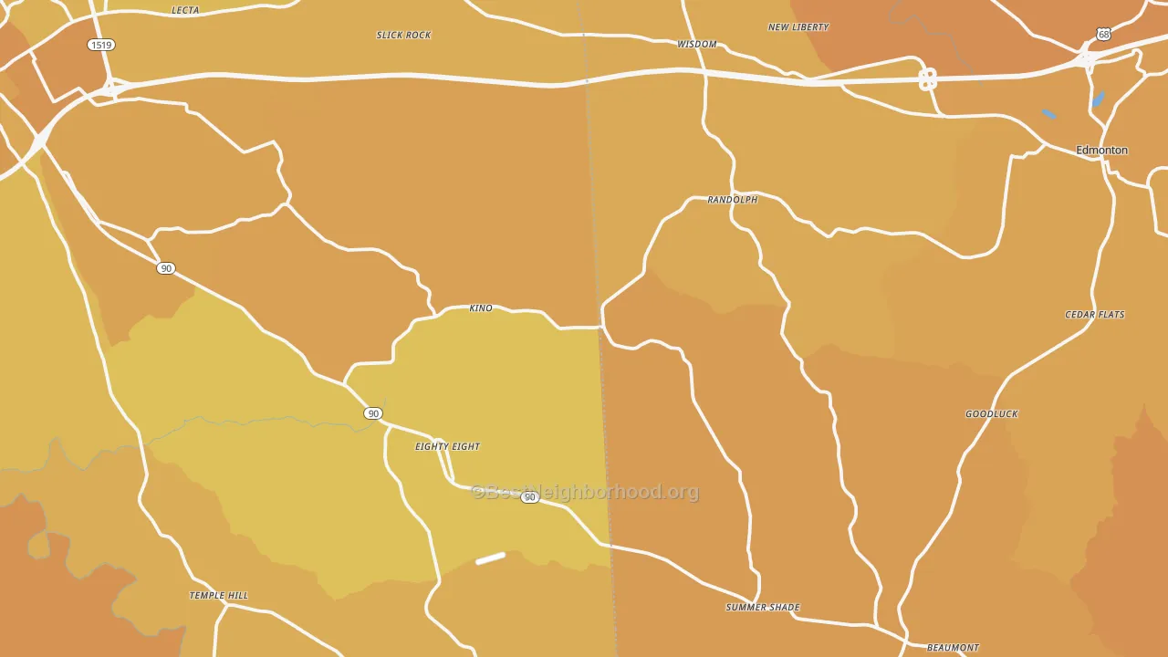 Map of the best neighborhoods in the Beaumont area, with better matches in green and worse matches in red