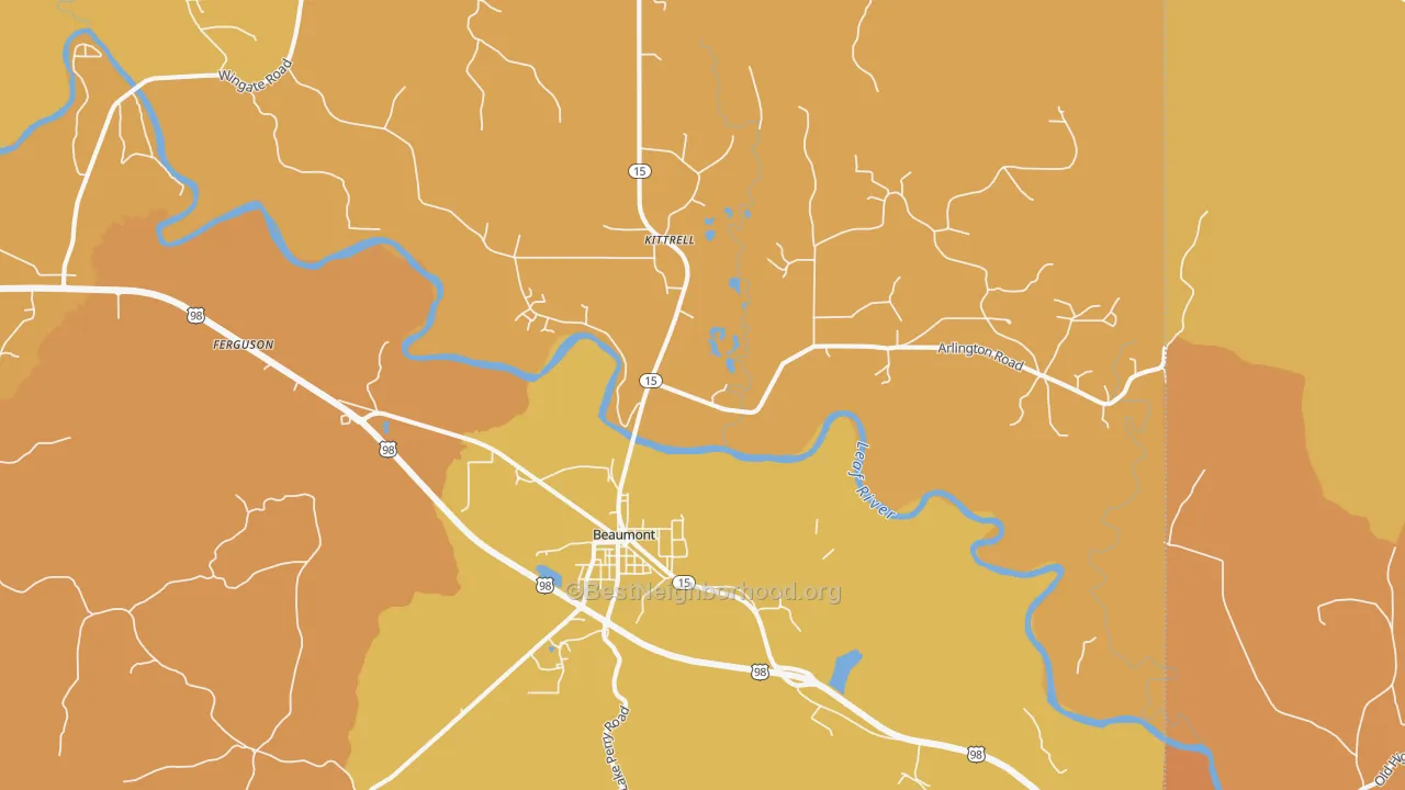 Map of the best neighborhoods in the Beaumont area, with better matches in green and worse matches in red