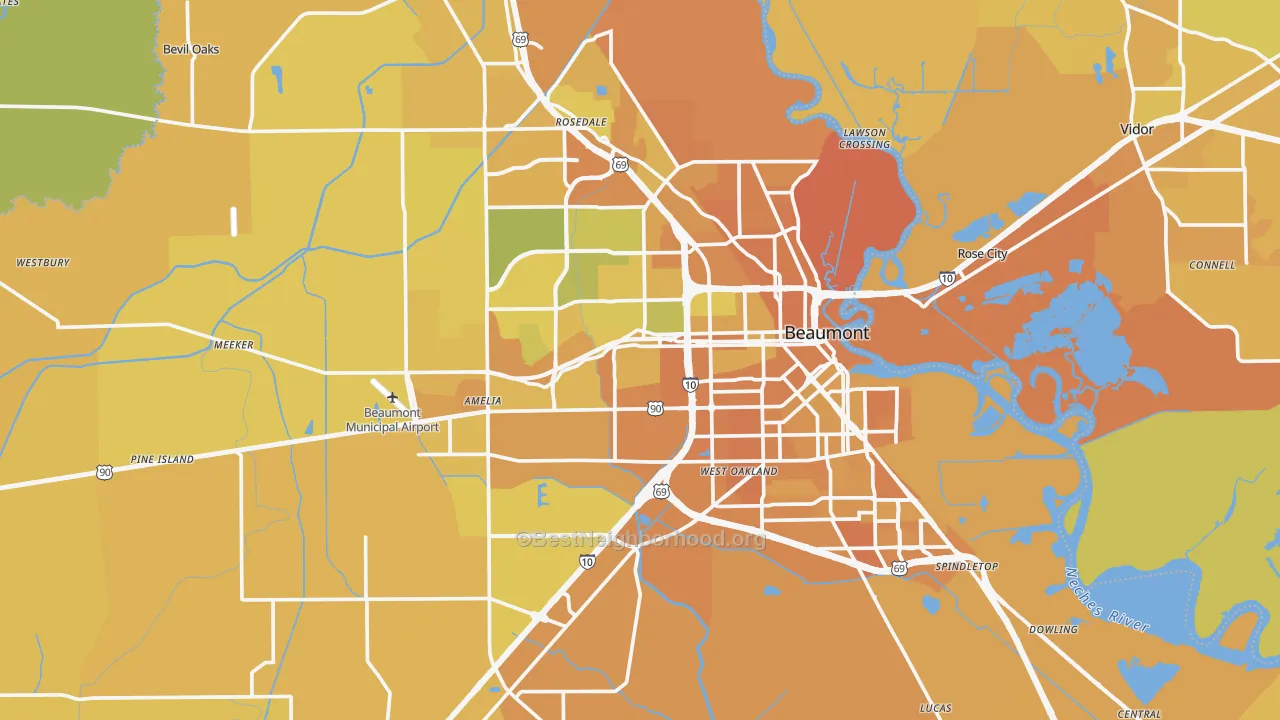 Map of the best neighborhoods in the Beaumont Metro area, with better matches in green and worse matches in red