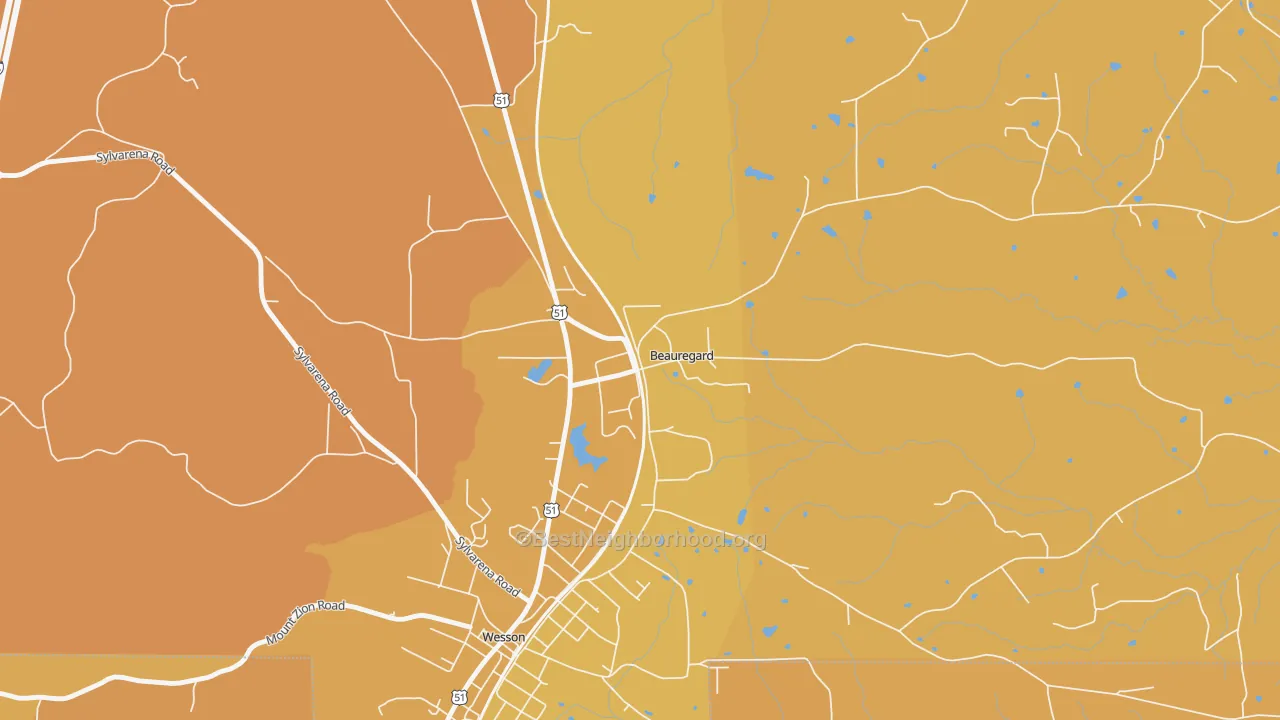 Map of the best neighborhoods in the Beauregard area, with better matches in green and worse matches in red