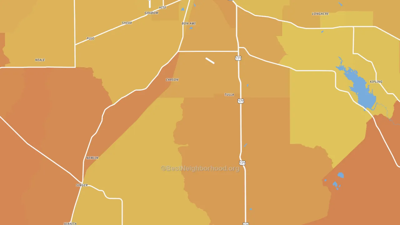 Map of the best neighborhoods in the Beauregard Parish area, with better matches in green and worse matches in red