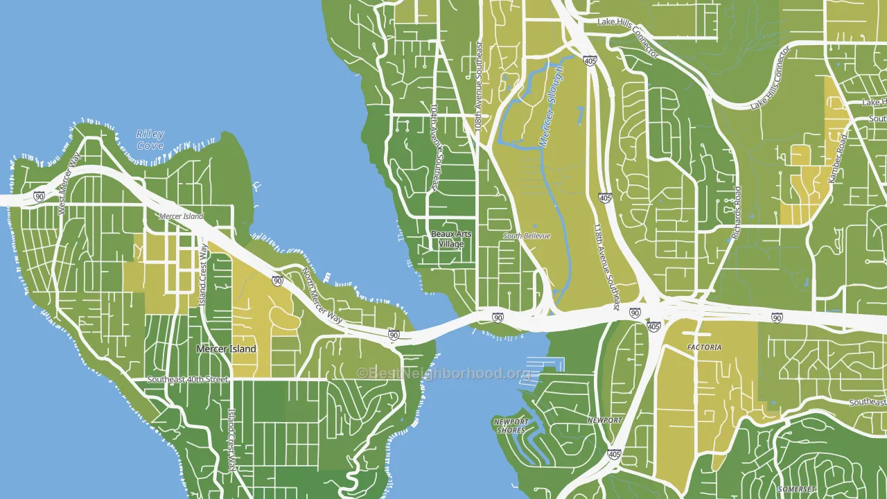 Map of the best neighborhoods in the Beaux Arts Village area, with better matches in green and worse matches in red