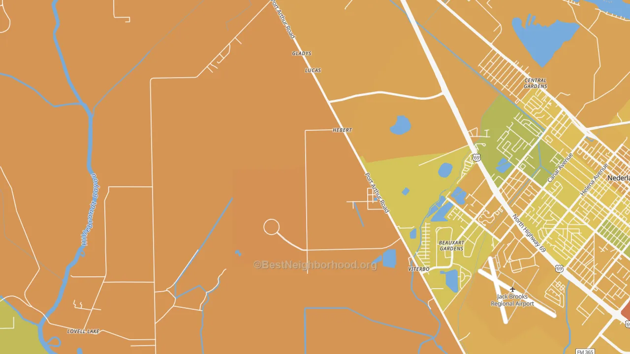 Map of the best neighborhoods in the Beauxart Gardens area, with better matches in green and worse matches in red