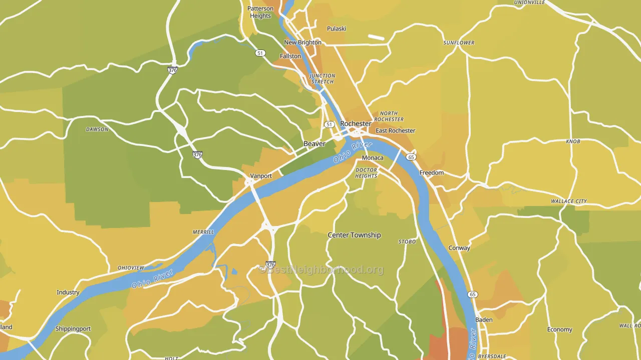 Map of the best neighborhoods in the Beaver County area, with better matches in green and worse matches in red