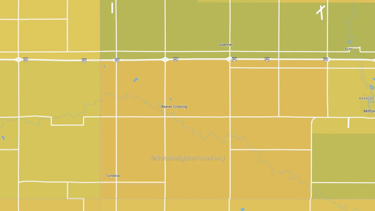 Map of the best neighborhoods in the Beaver Crossing area, with better matches in green and worse matches in red