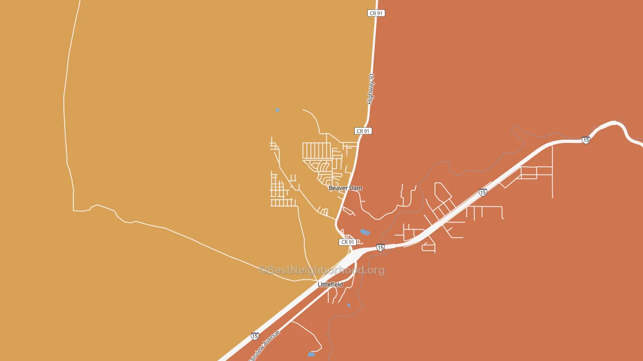 Map of the best neighborhoods in the Beaver Dam area, with better matches in green and worse matches in red