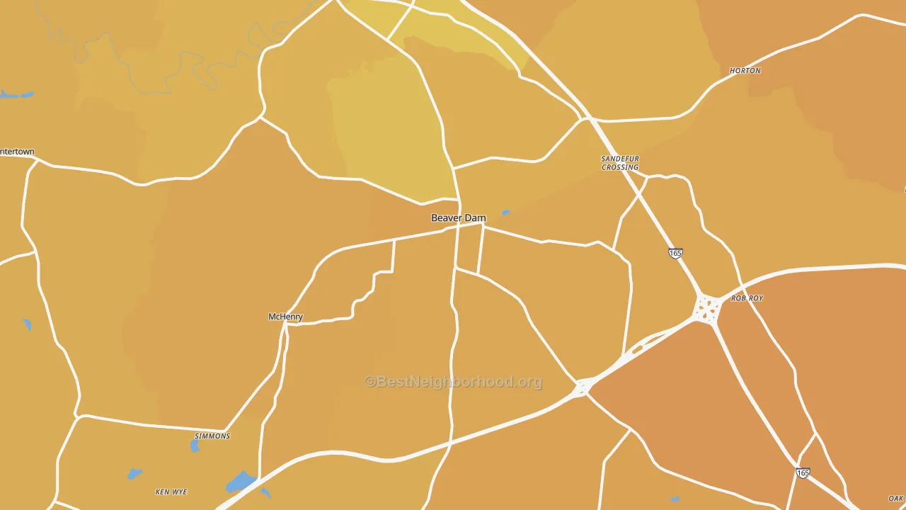 Map of the best neighborhoods in the Beaver Dam area, with better matches in green and worse matches in red
