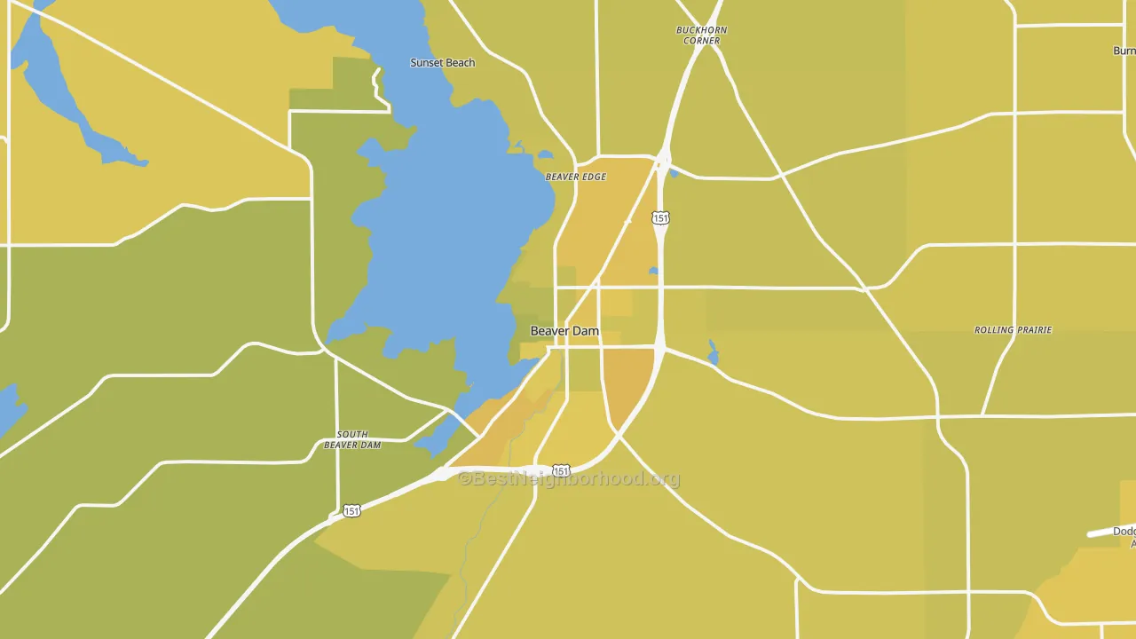 Map of the best neighborhoods in the Beaver Dam area, with better matches in green and worse matches in red