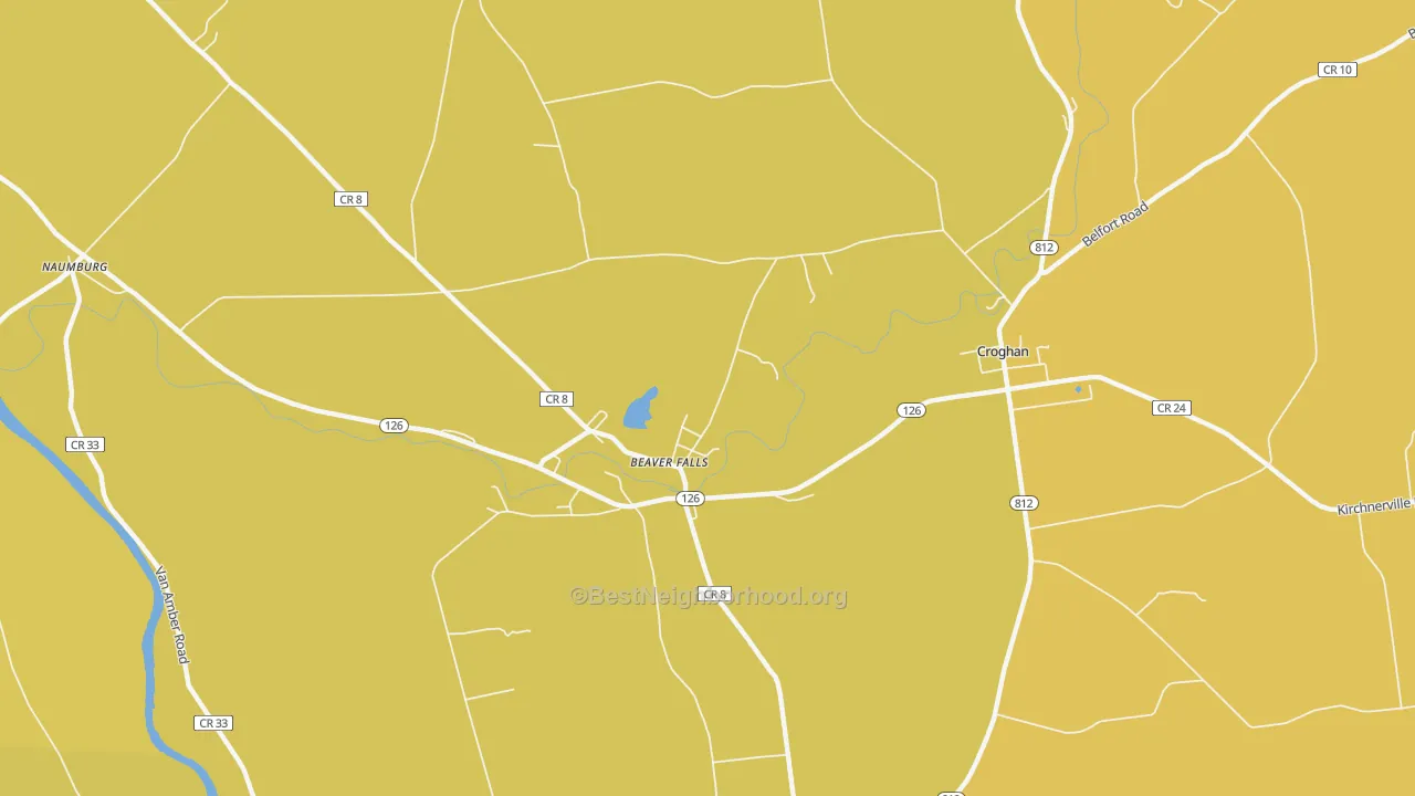 Map of the best neighborhoods in the Beaver Falls area, with better matches in green and worse matches in red