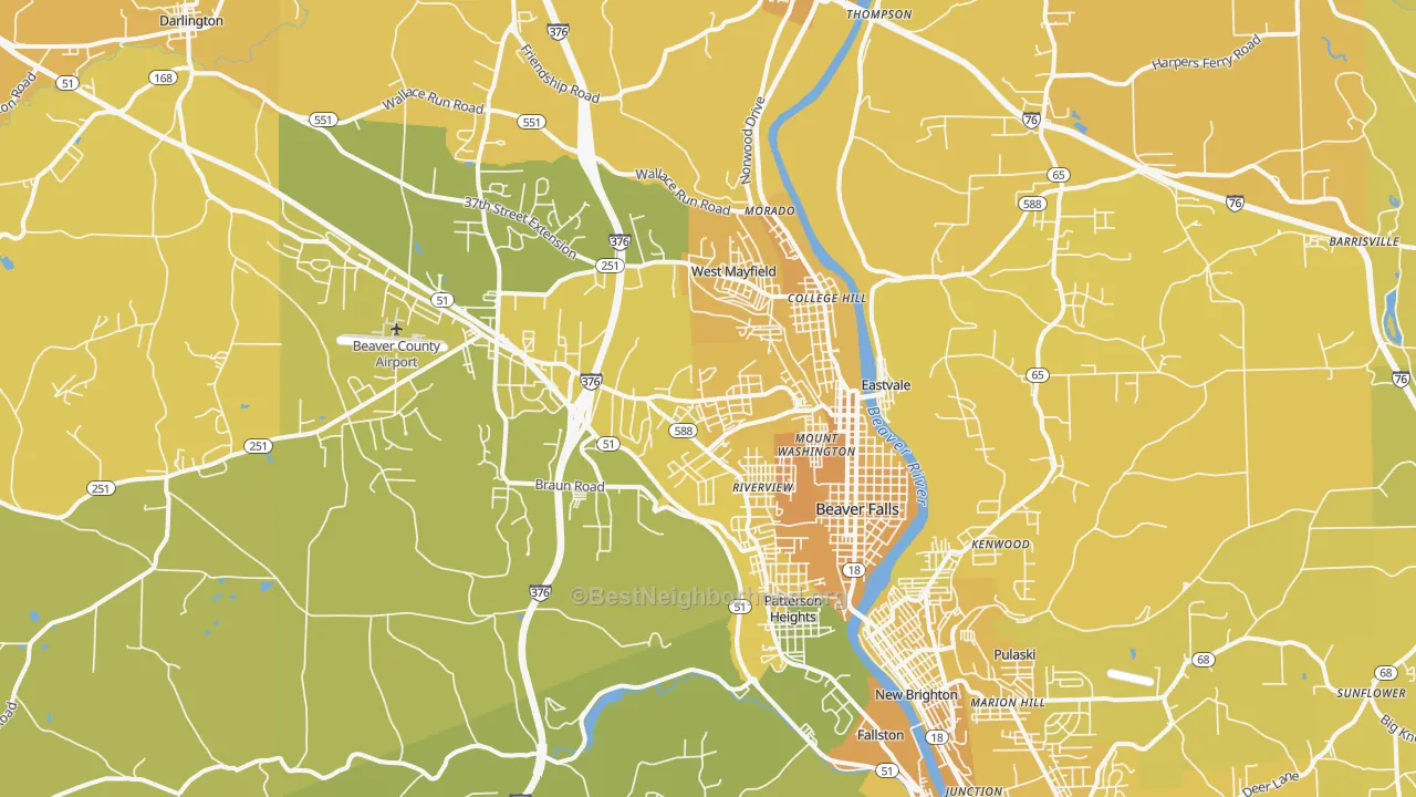 Map of the best neighborhoods in the Beaver Falls area, with better matches in green and worse matches in red