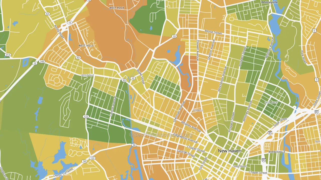 Map of the best neighborhoods in the Beaver Hills, New Haven area, with better matches in green and worse matches in red