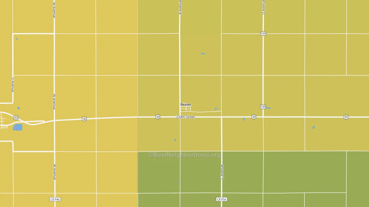 Map of the best neighborhoods in the Beaver area, with better matches in green and worse matches in red