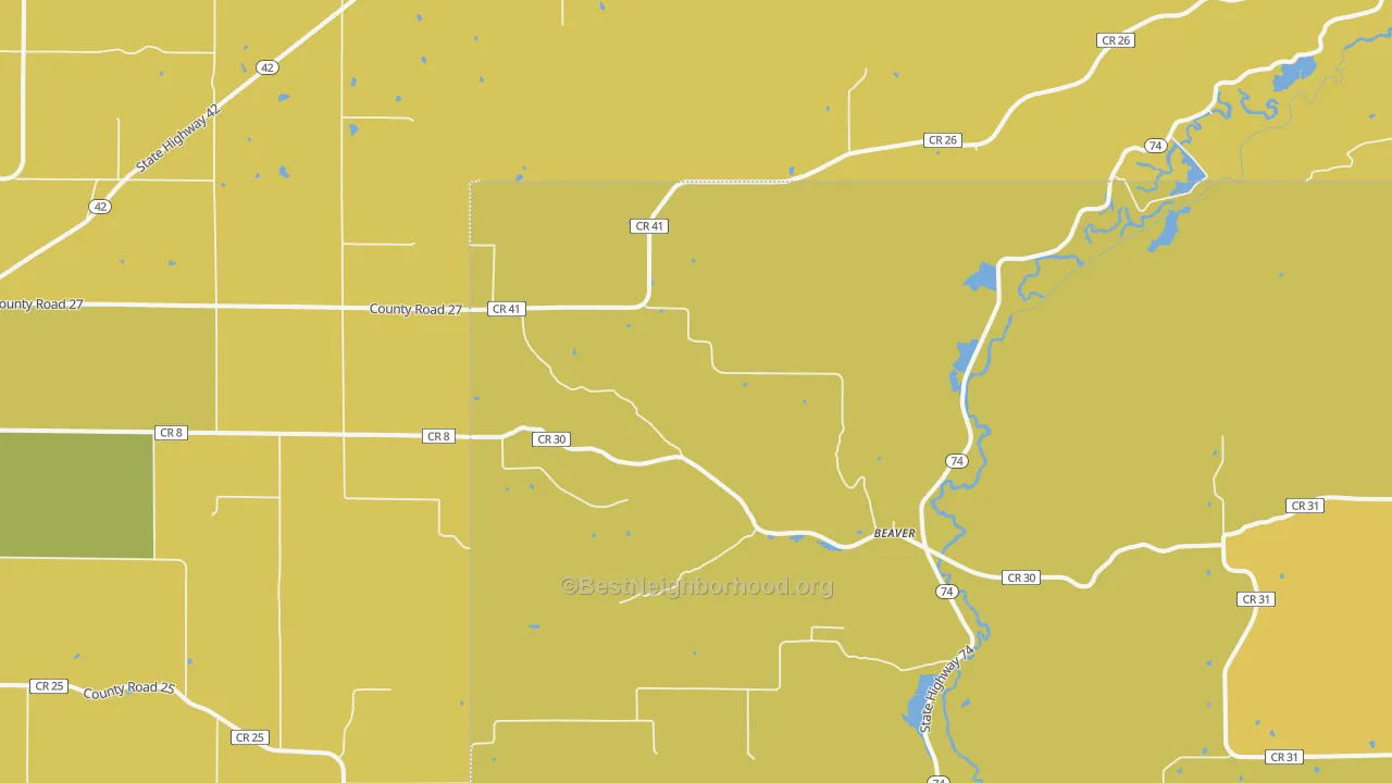 Map of the best neighborhoods in the Beaver area, with better matches in green and worse matches in red