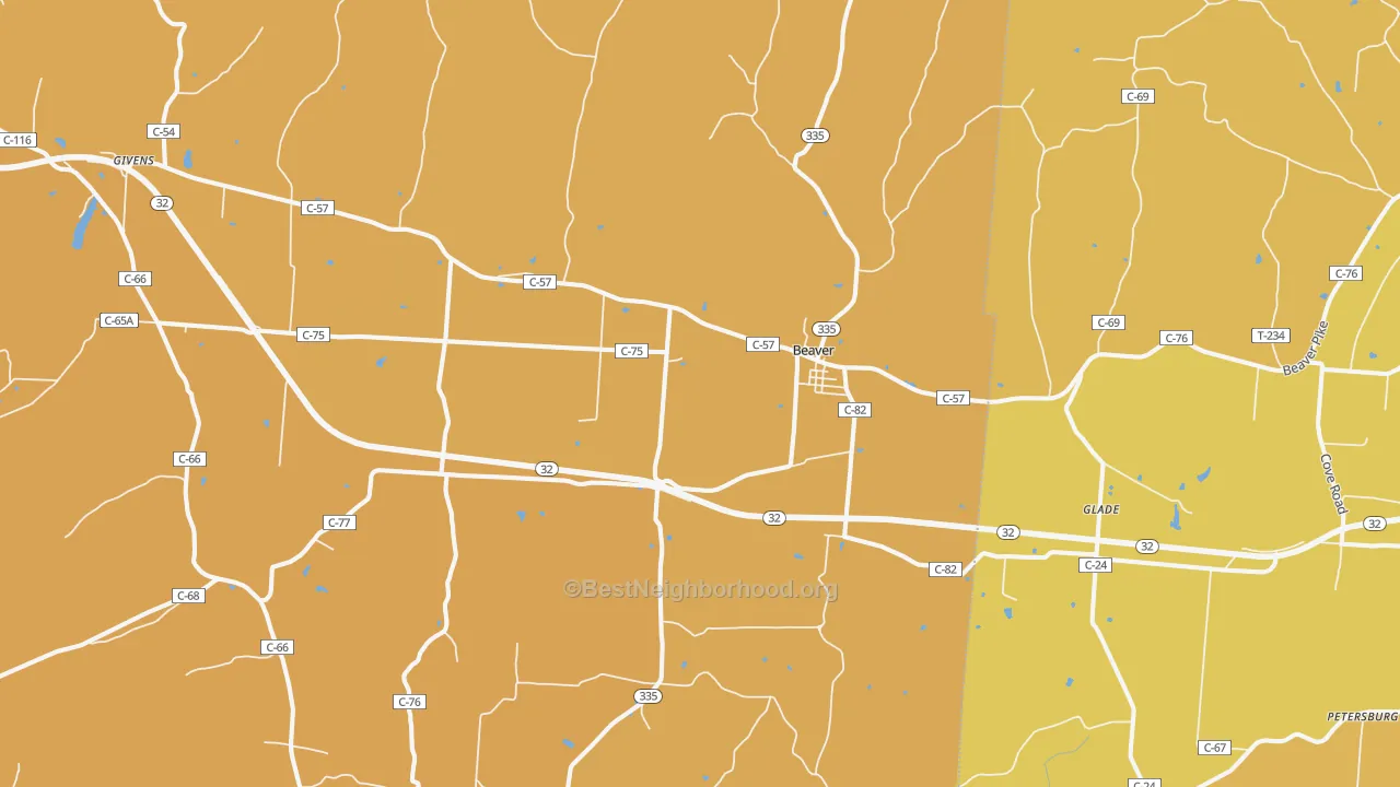 Map of the best neighborhoods in the Beaver area, with better matches in green and worse matches in red