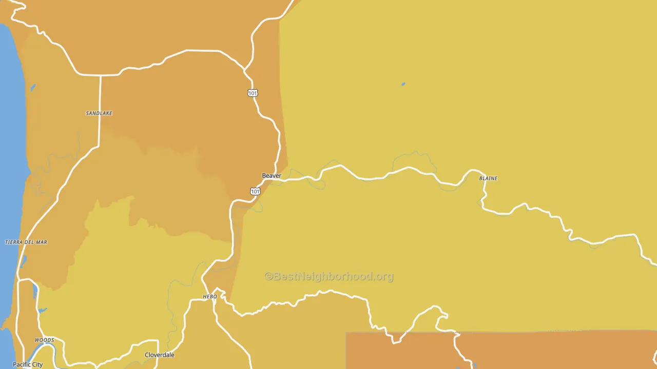 Map of the best neighborhoods in the Beaver area, with better matches in green and worse matches in red