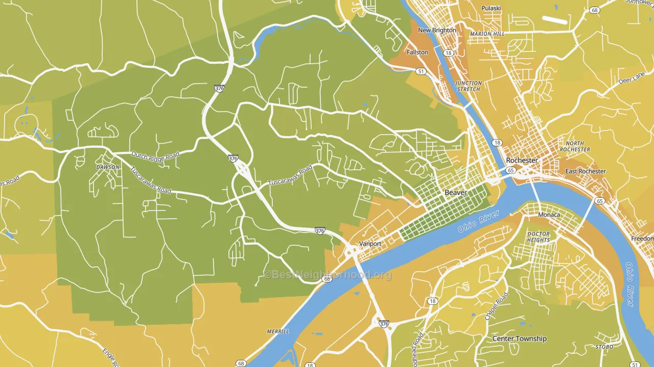 Map of the best neighborhoods in the Beaver area, with better matches in green and worse matches in red