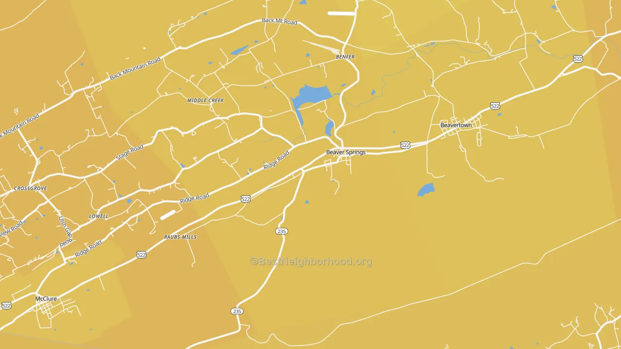 Map of the best neighborhoods in the Beaver Springs area, with better matches in green and worse matches in red