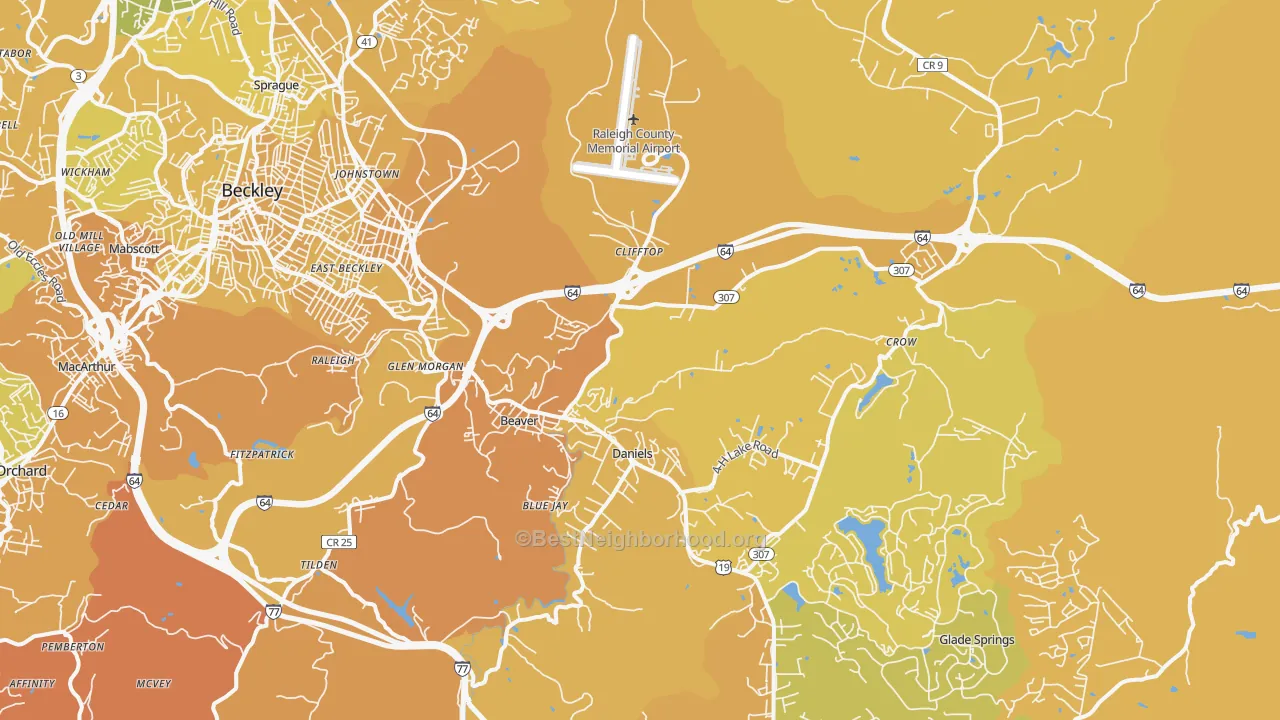Map of the best neighborhoods in the Beaver area, with better matches in green and worse matches in red