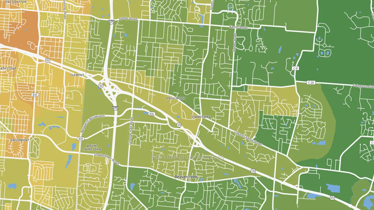 Map of the best neighborhoods in the Beavercreek area, with better matches in green and worse matches in red