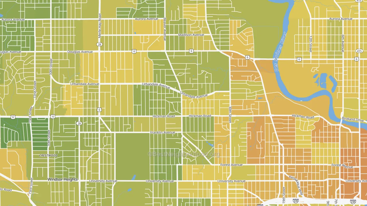 Map of the best neighborhoods in the Beaverdale, Des Moines area, with better matches in green and worse matches in red