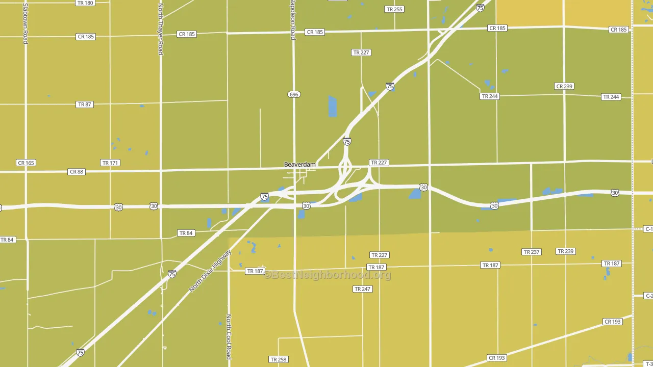Map of the best neighborhoods in the Beaverdam area, with better matches in green and worse matches in red
