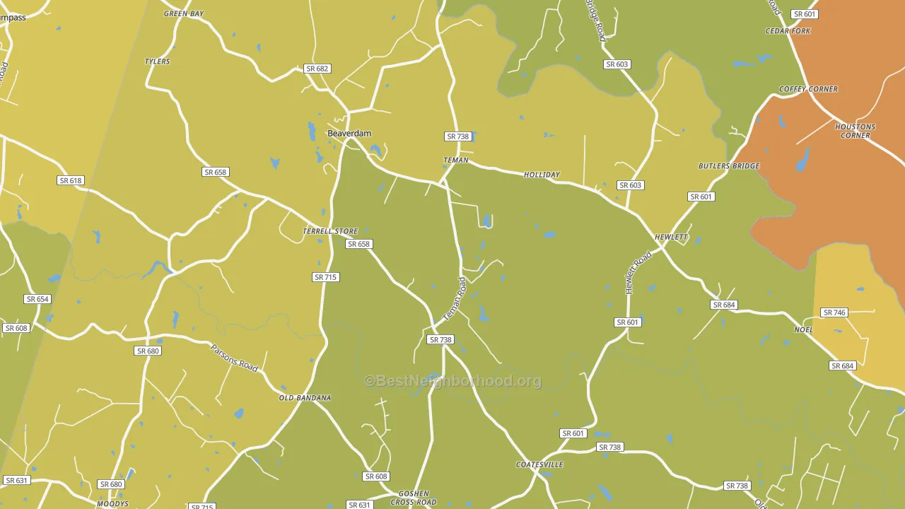 Map of the best neighborhoods in the Beaverdam area, with better matches in green and worse matches in red
