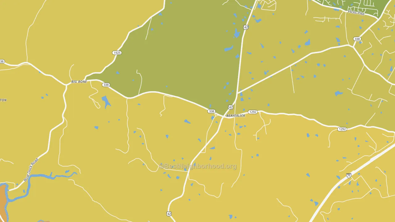Map of the best neighborhoods in the Beaverlick area, with better matches in green and worse matches in red