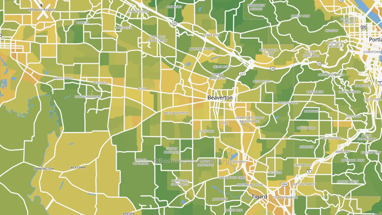 Map of the best neighborhoods in the Beaverton area, with better matches in green and worse matches in red