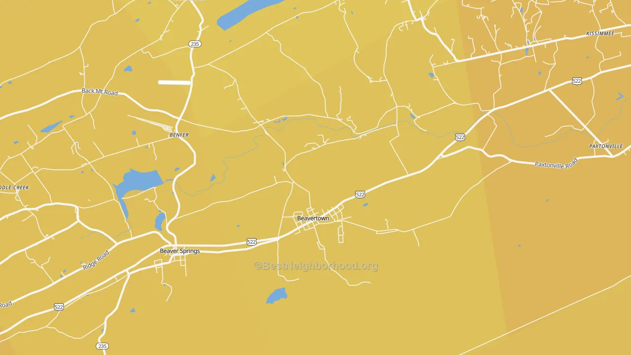 Map of the best neighborhoods in the Beavertown area, with better matches in green and worse matches in red