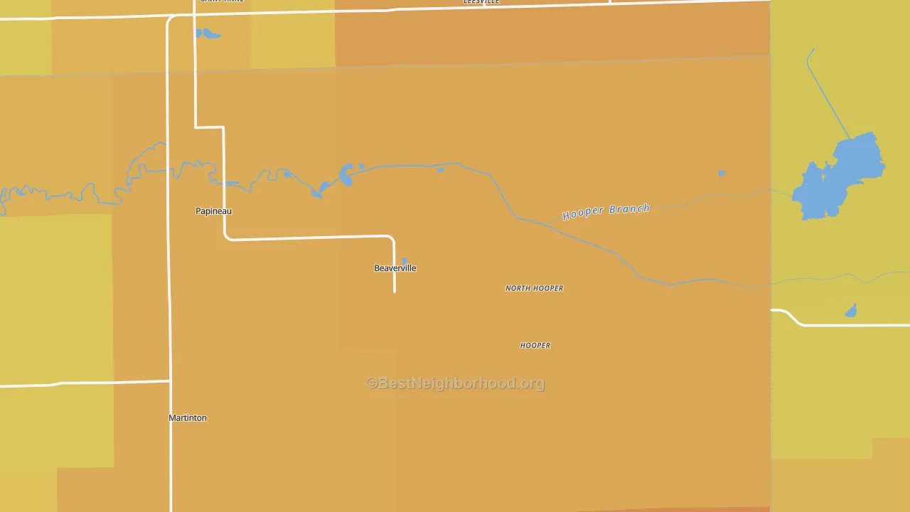 Map of the best neighborhoods in the Beaverville area, with better matches in green and worse matches in red